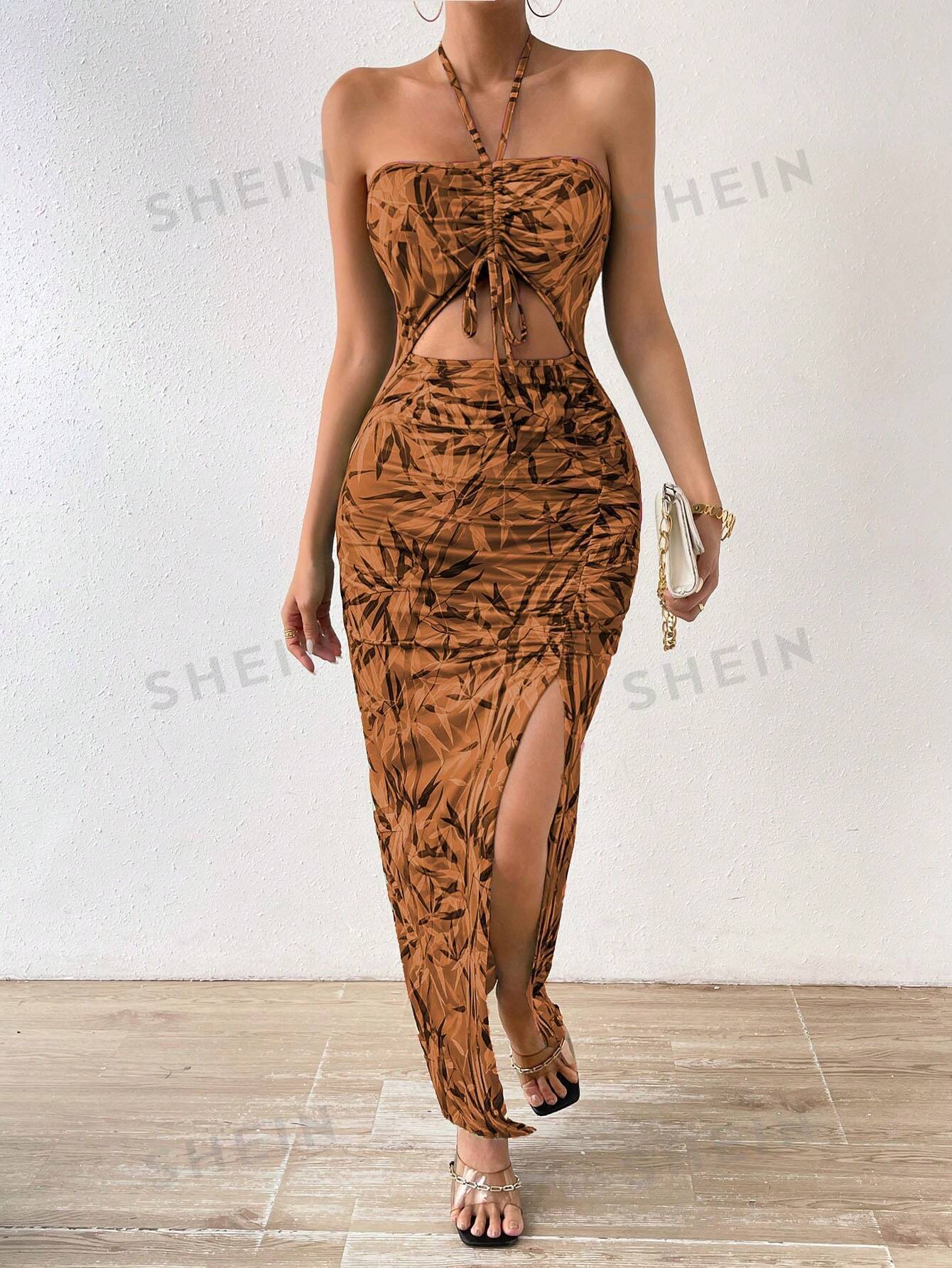 SHEIN VCAY Plants Print Cut Out Drawstring Front Split Thigh Halter Neck Dress - Image 4