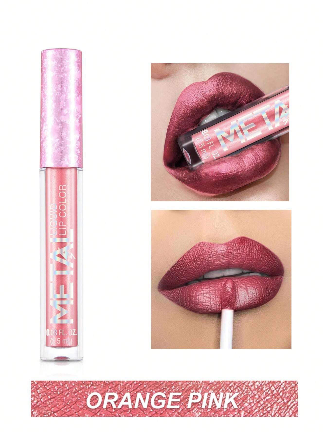 Waterproof Liquid Lipstick, Long-Wearing Metallic Lip Gloss Metal Tube Lip Cream Sakura Pink - Image 3