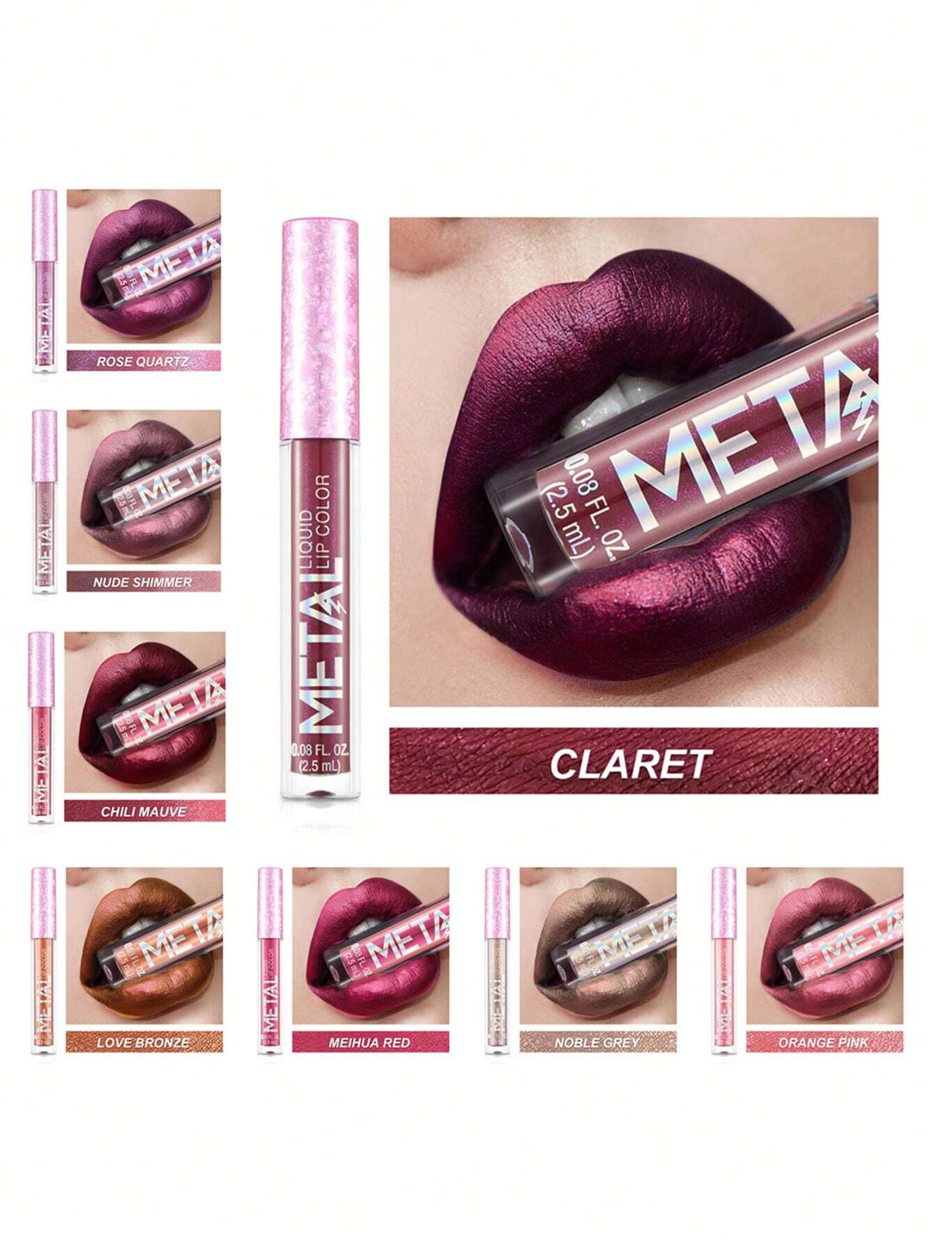 Waterproof Liquid Lipstick, Long-Wearing Metallic Lip Gloss Metal Tube Lip Cream Sakura Pink - Image 2