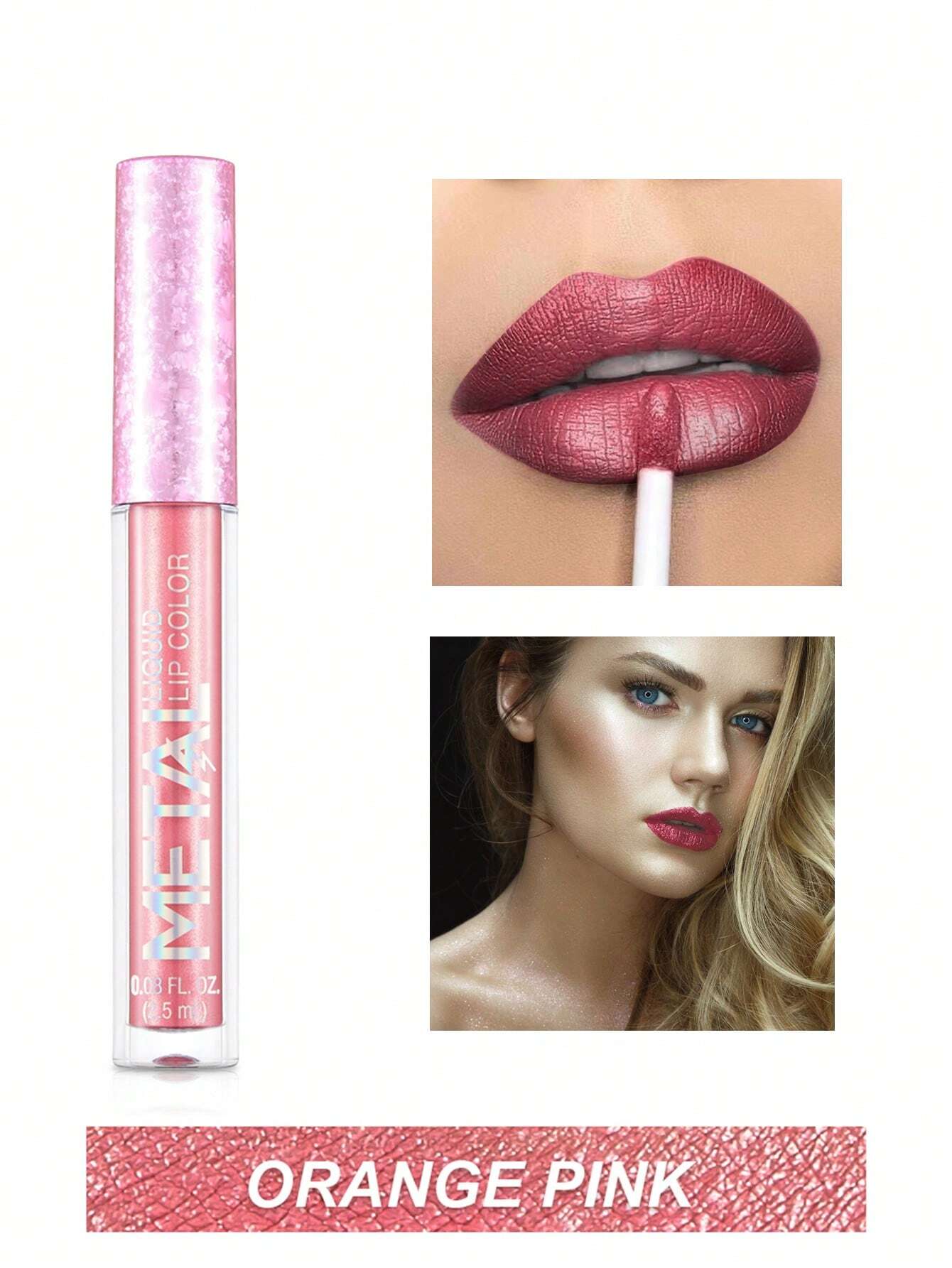 Waterproof Liquid Lipstick, Long-Wearing Metallic Lip Gloss Metal Tube Lip Cream Sakura Pink