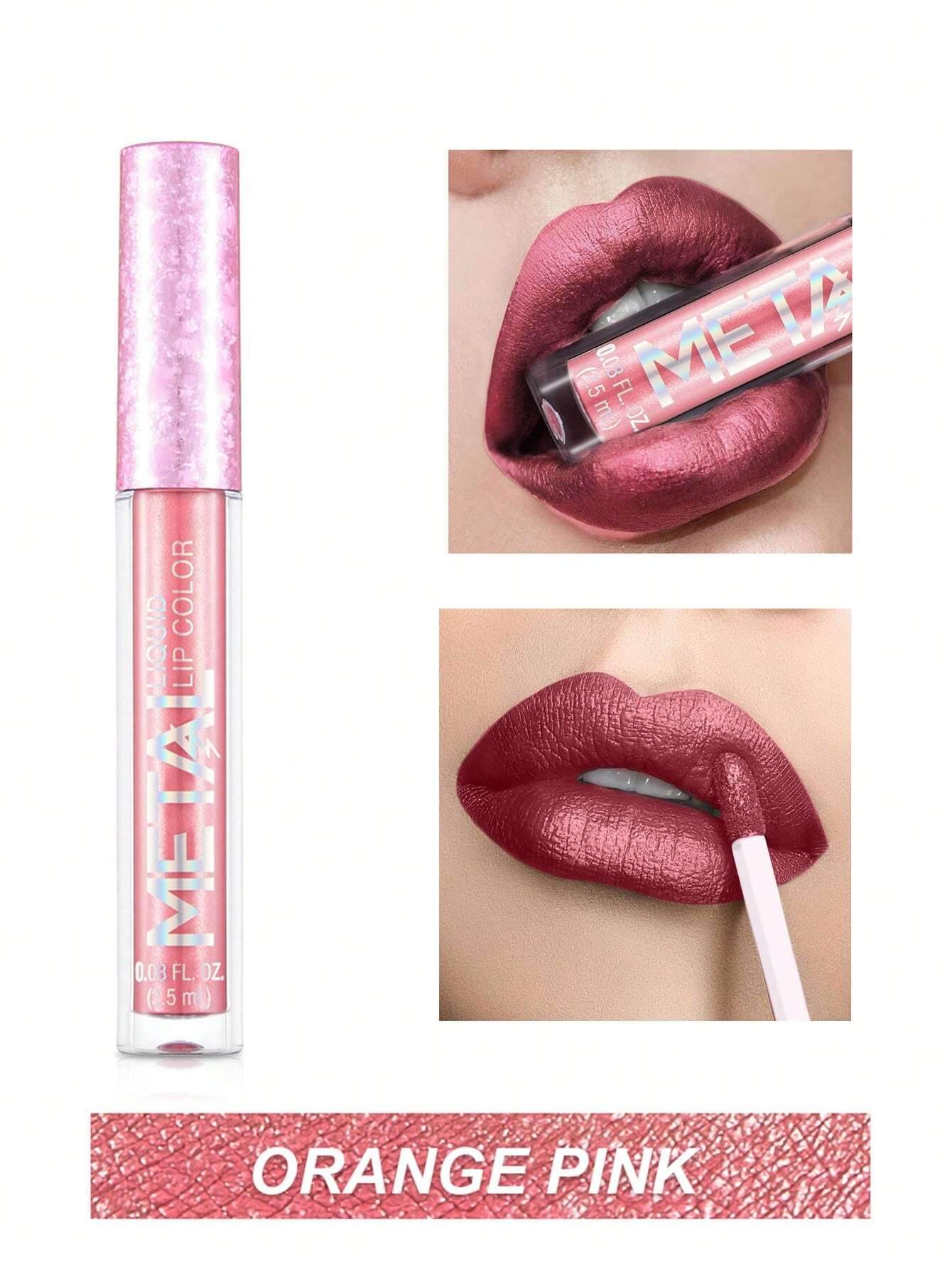 Waterproof Liquid Lipstick, Long-Wearing Metallic Lip Gloss Metal Tube Lip Cream Sakura Pink - Image 4