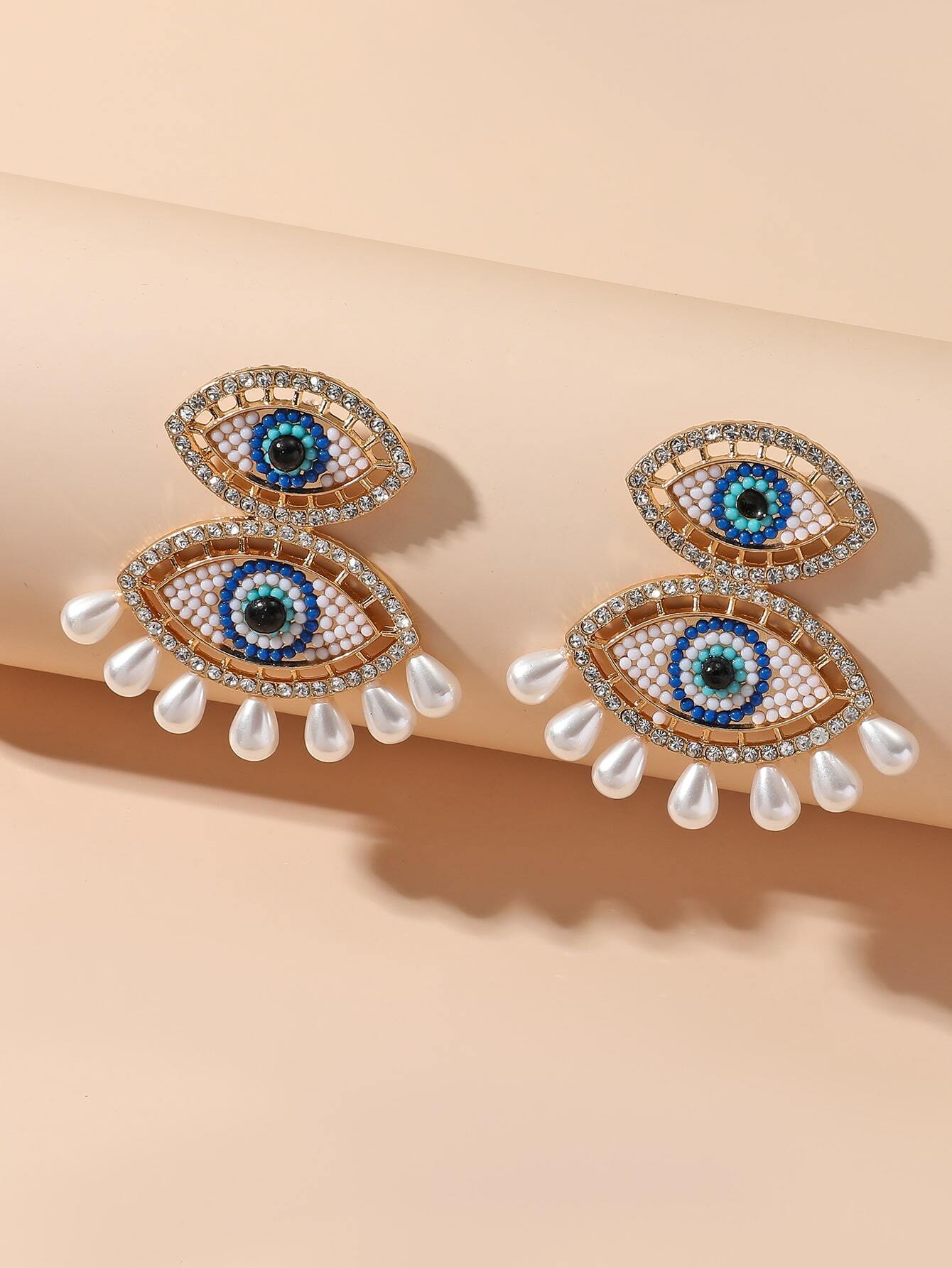 1pair Exaggerated Fashionable Eye-Shaped Imitation Faux Pearl Earrings