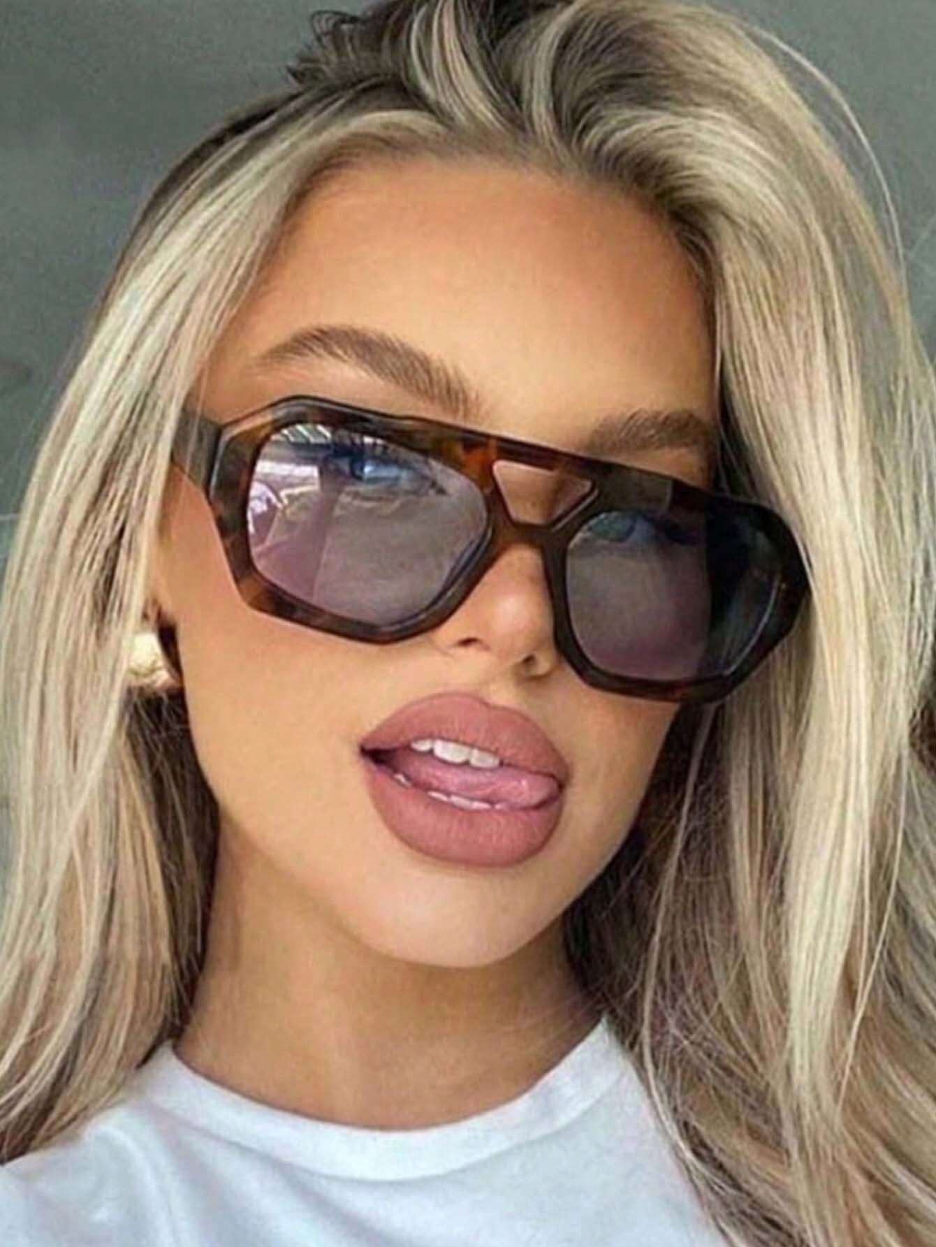 1pc Geometric Double Bridge Oversized Sunglasses With Leopard Print Frame