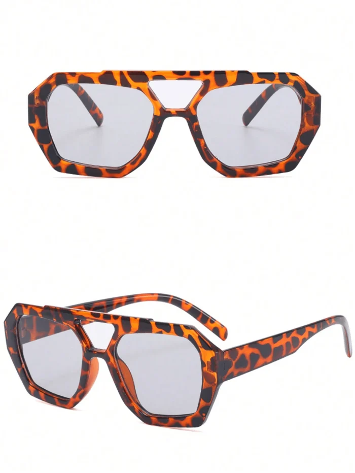 1pc Geometric Double Bridge Oversized Sunglasses With Leopard Print Frame - Image 2