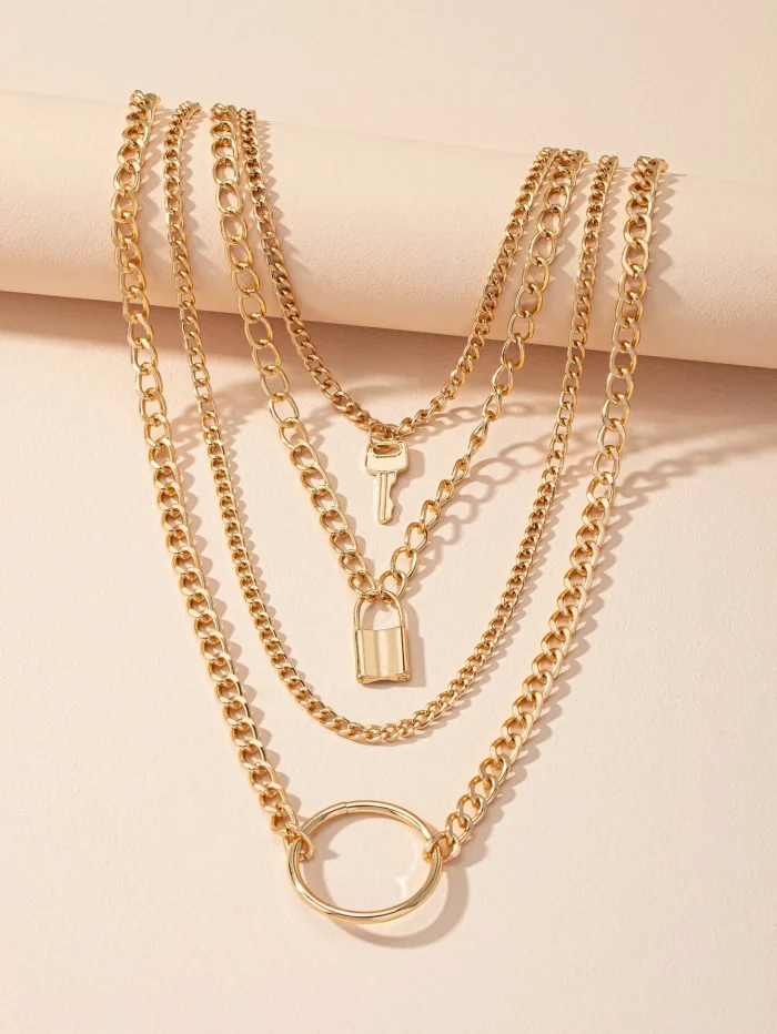 1pc Lock & Key & Ring Pendant Layered Chain Necklace - Image 3