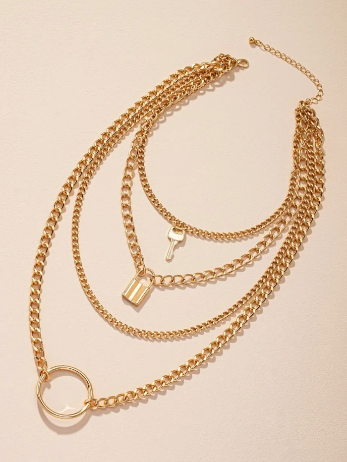 1pc Lock & Key & Ring Pendant Layered Chain Necklace - Image 2
