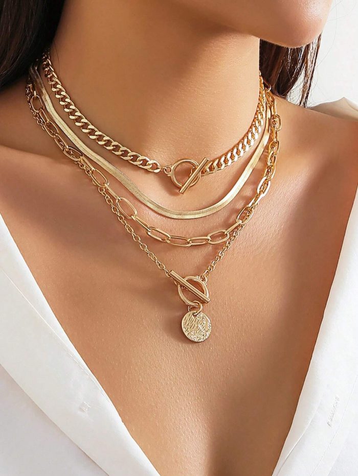4pcs/Set Vintage Simple Flat Snake Chain Zinc Alloy Pendant Necklace With Ot Clasp, Adjustable Layered Necklace