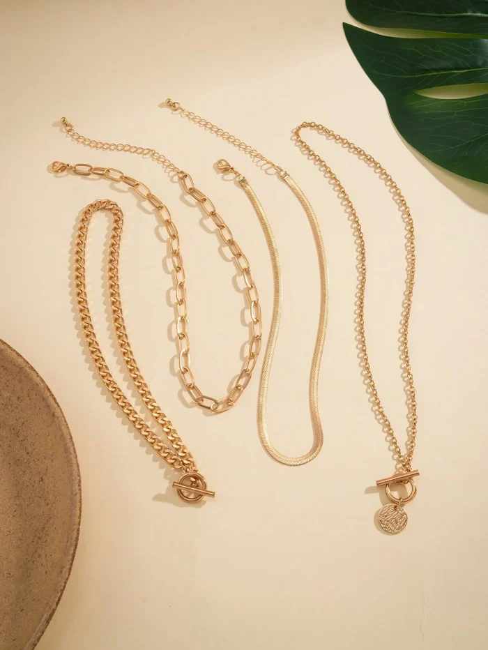 4pcs/Set Vintage Simple Flat Snake Chain Zinc Alloy Pendant Necklace With Ot Clasp, Adjustable Layered Necklace - Image 2