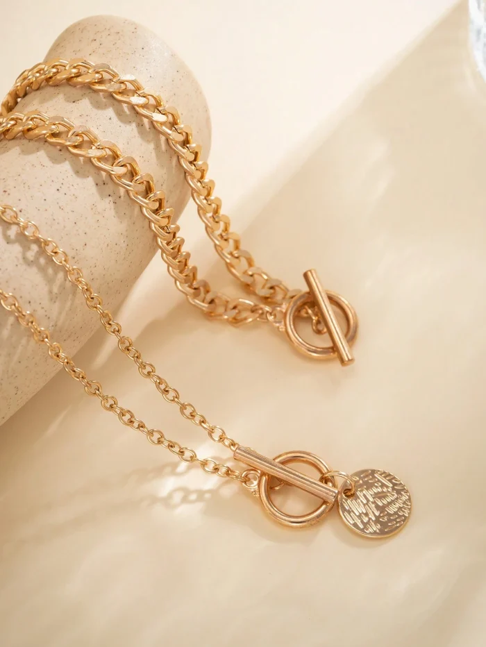 4pcs/Set Vintage Simple Flat Snake Chain Zinc Alloy Pendant Necklace With Ot Clasp, Adjustable Layered Necklace - Image 4