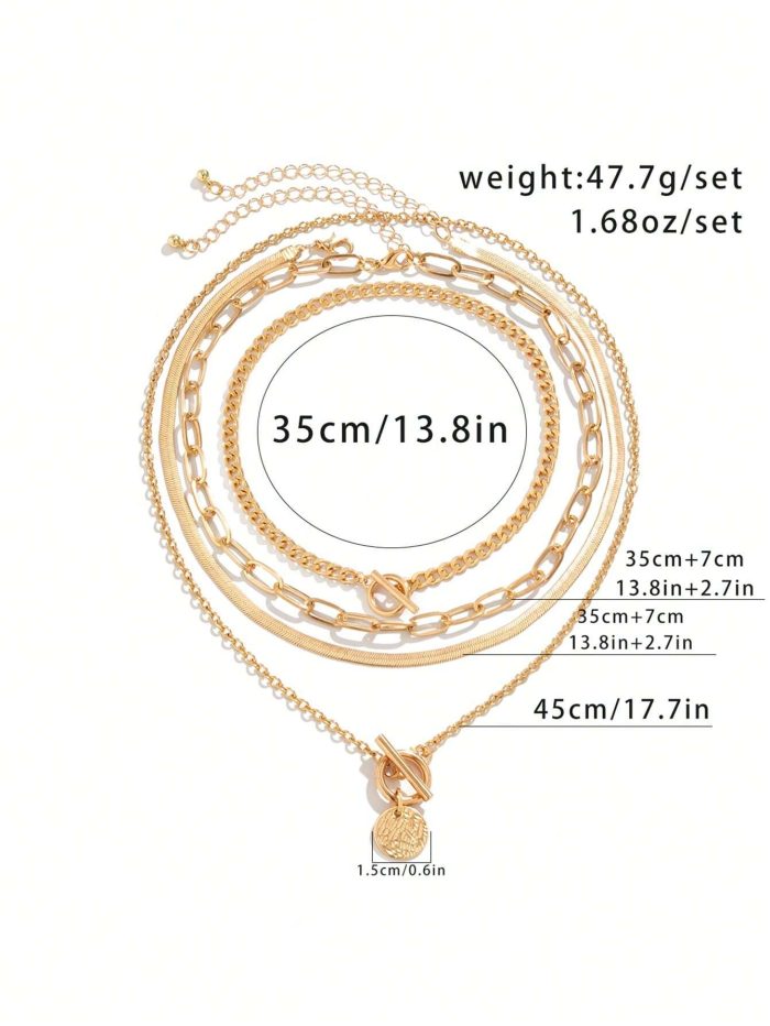 4pcs/Set Vintage Simple Flat Snake Chain Zinc Alloy Pendant Necklace With Ot Clasp, Adjustable Layered Necklace - Image 5