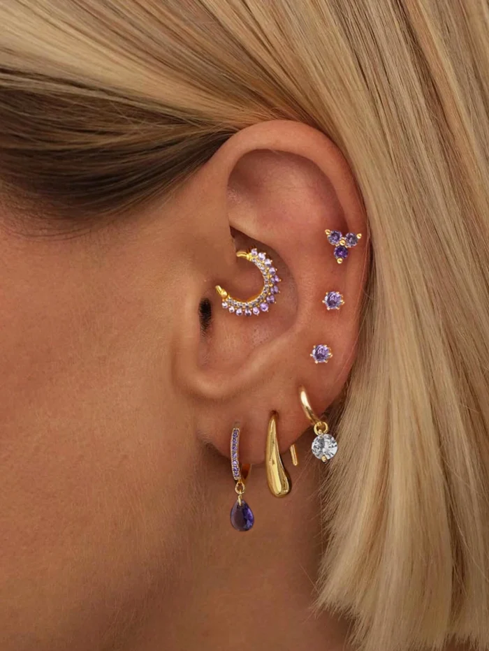 8pcs/Set Exquisite Purple Cubic Zirconia Earrings Of Simple Style And Temperament