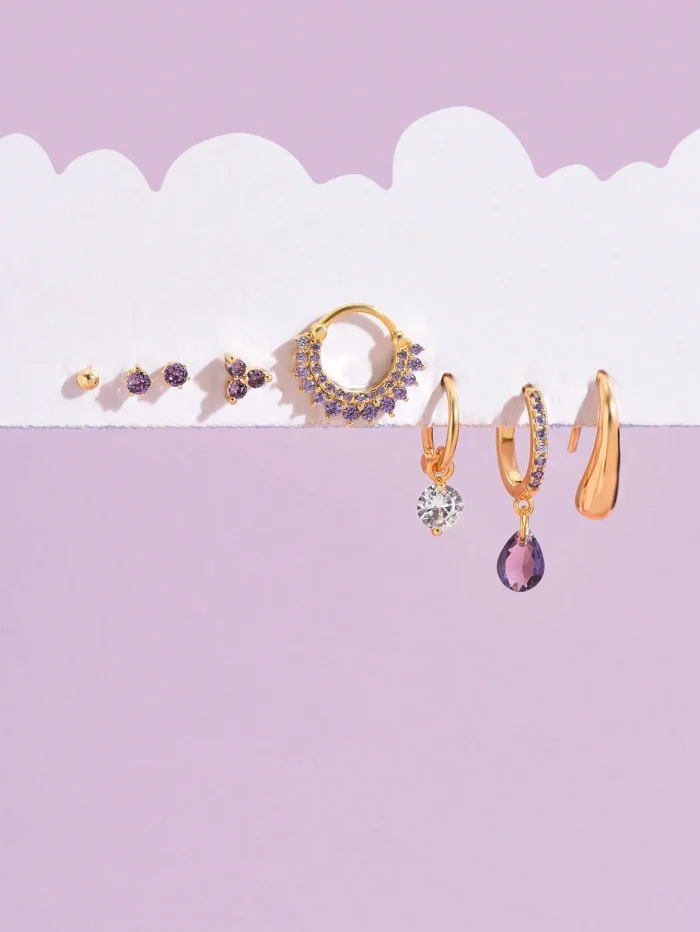 8pcs/Set Exquisite Purple Cubic Zirconia Earrings Of Simple Style And Temperament - Image 2