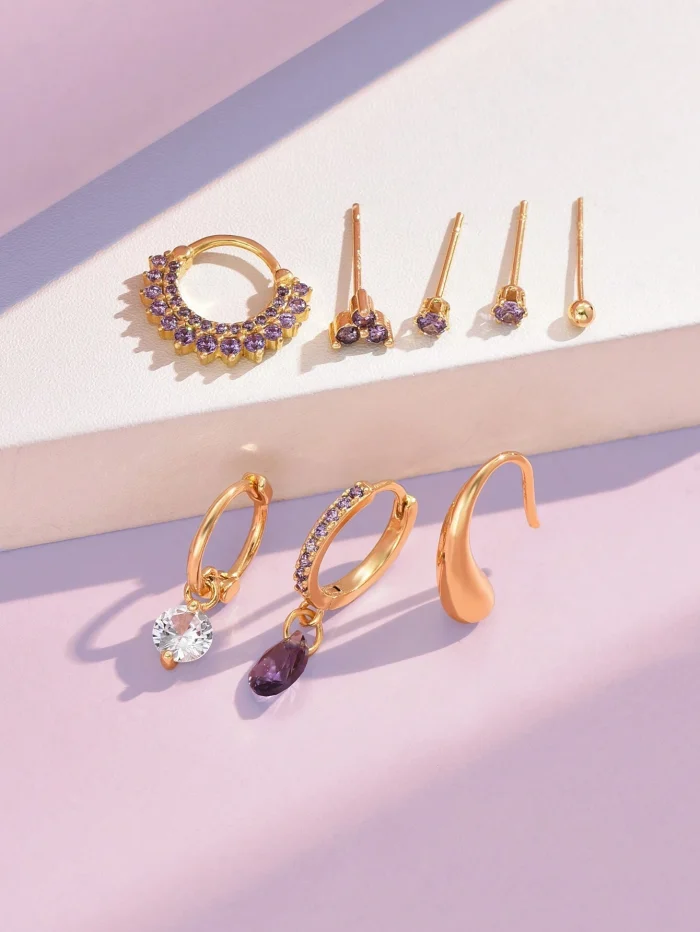 8pcs/Set Exquisite Purple Cubic Zirconia Earrings Of Simple Style And Temperament - Image 4