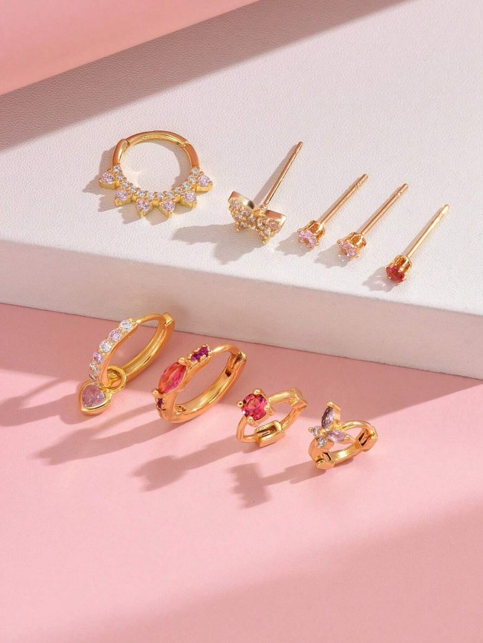 9pcs/Set Exquisite Rose Pink Zirconia Earrings For Ladies - Image 2