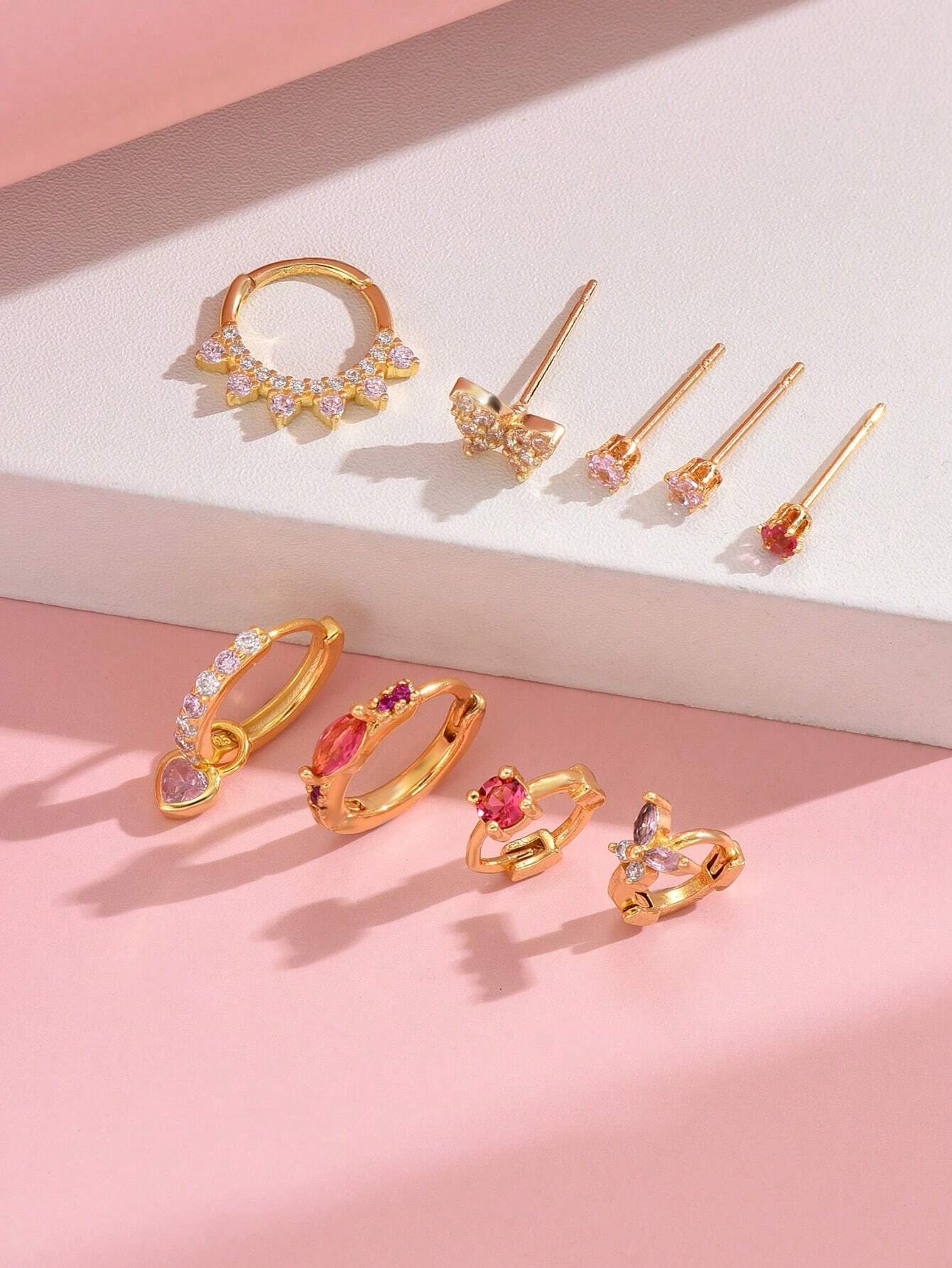 9pcs/Set Exquisite Rose Pink Zirconia Earrings For Ladies - Image 2