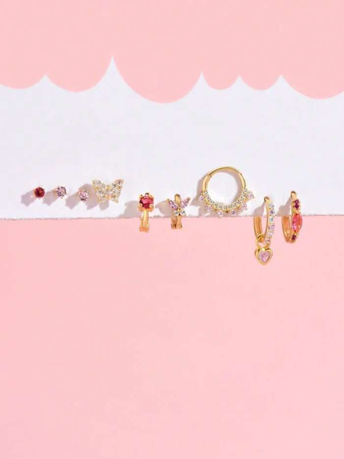 9pcs/Set Exquisite Rose Pink Zirconia Earrings For Ladies - Image 3