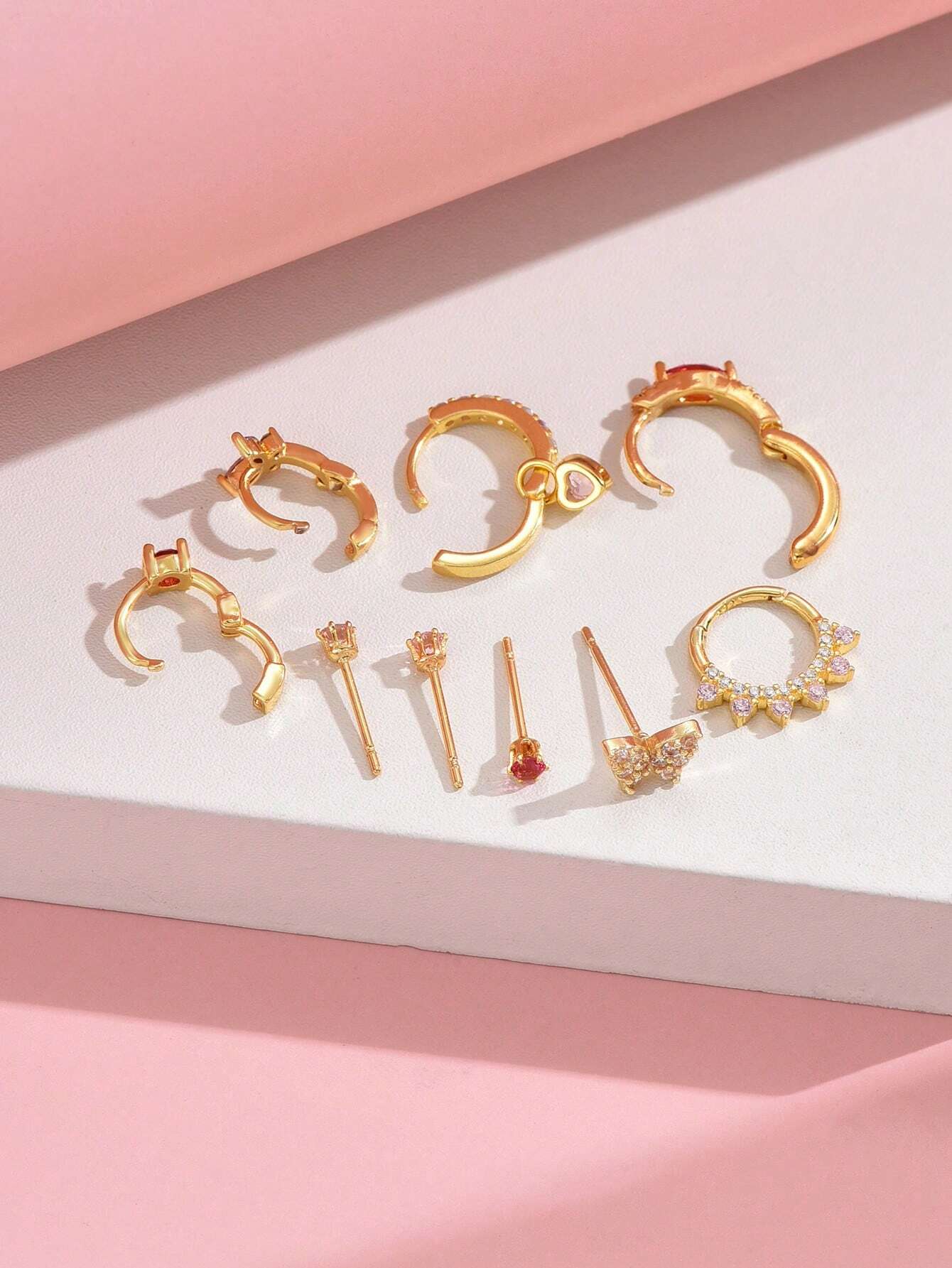 9pcs/Set Exquisite Rose Pink Zirconia Earrings For Ladies - Image 4