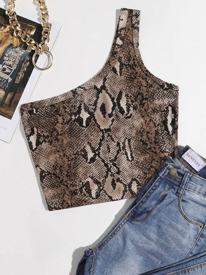 SHEIN Essnce One Shoulder Snakeskin Print Top