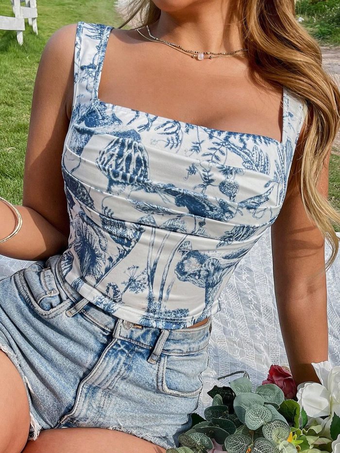 SHEIN Qutie Plant Print Pleated Slim Fitted Tank Top For Summer - Image 3