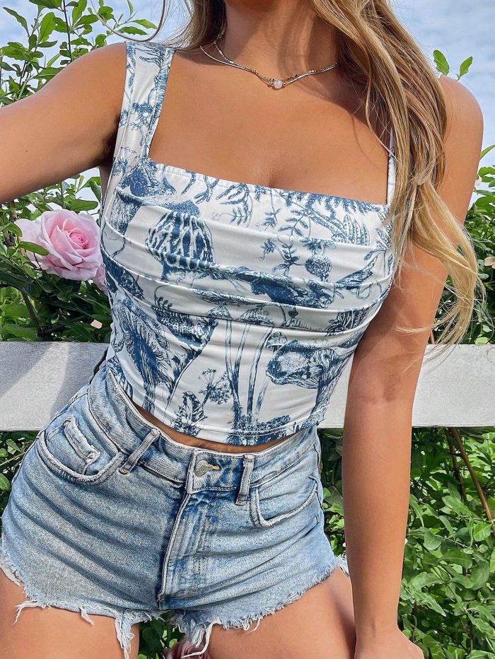SHEIN Qutie Plant Print Pleated Slim Fitted Tank Top For Summer - Image 5