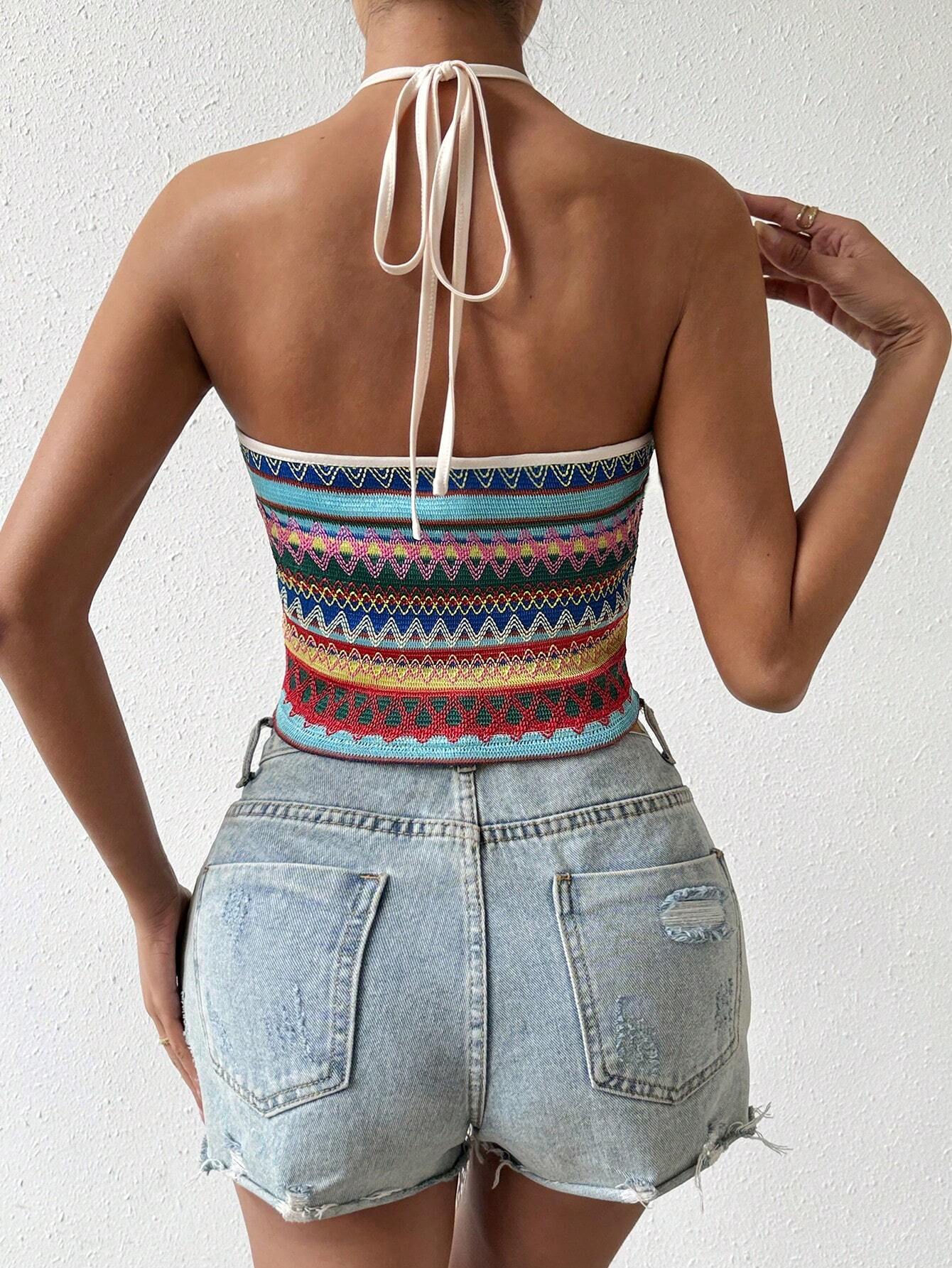 SHEIN VCAY Contrast Stripe Knitted Fringe Decorated Halter Top - Image 2