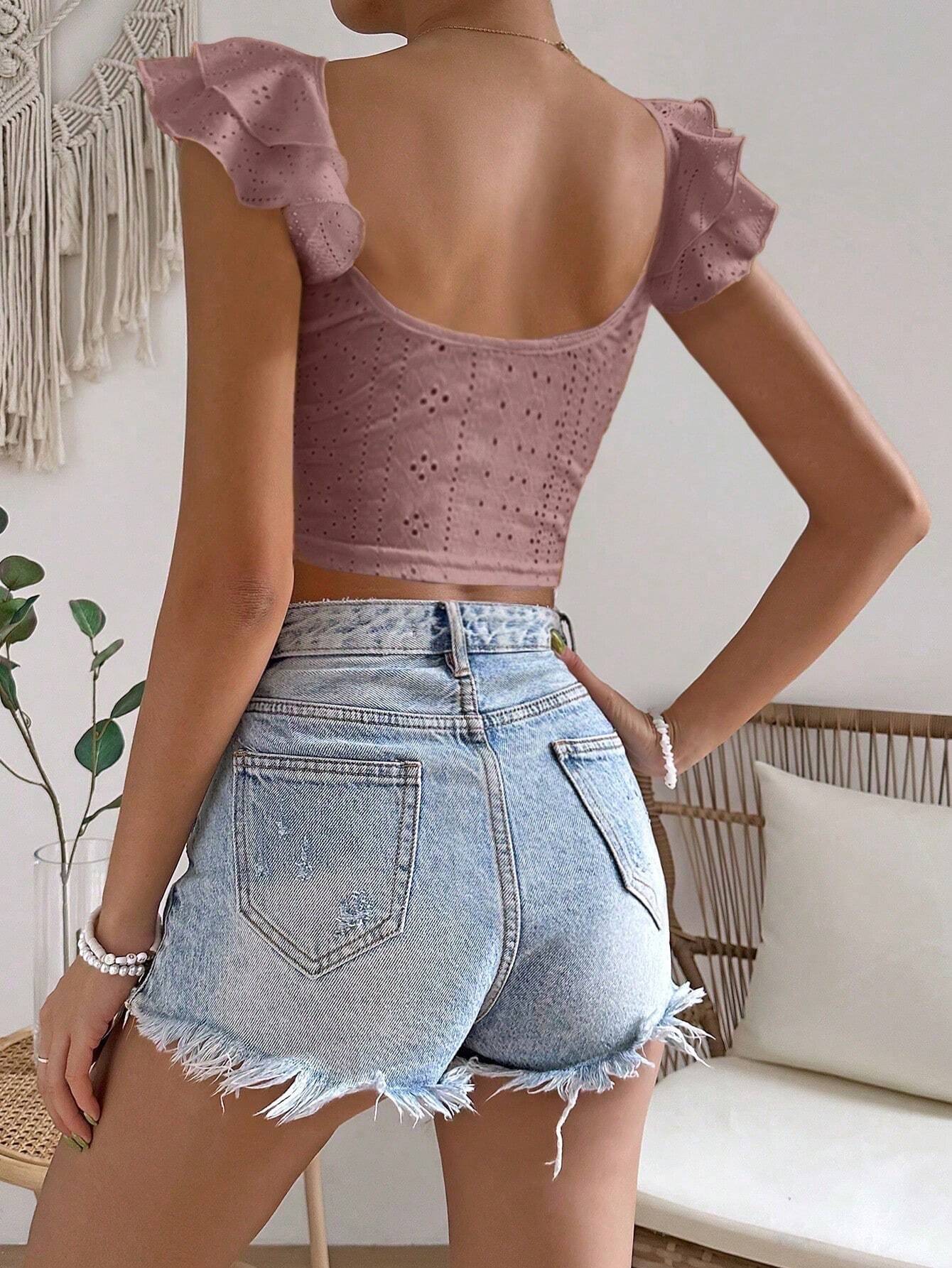 SHEIN VCAY Eyelet Embroidery Ruffle Trim Crop Top - Image 2