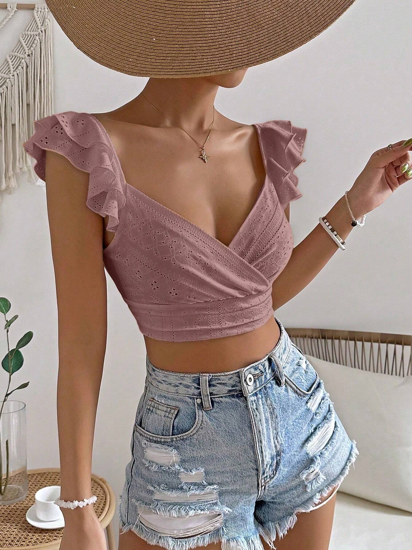 SHEIN VCAY Eyelet Embroidery Ruffle Trim Crop Top - Image 5