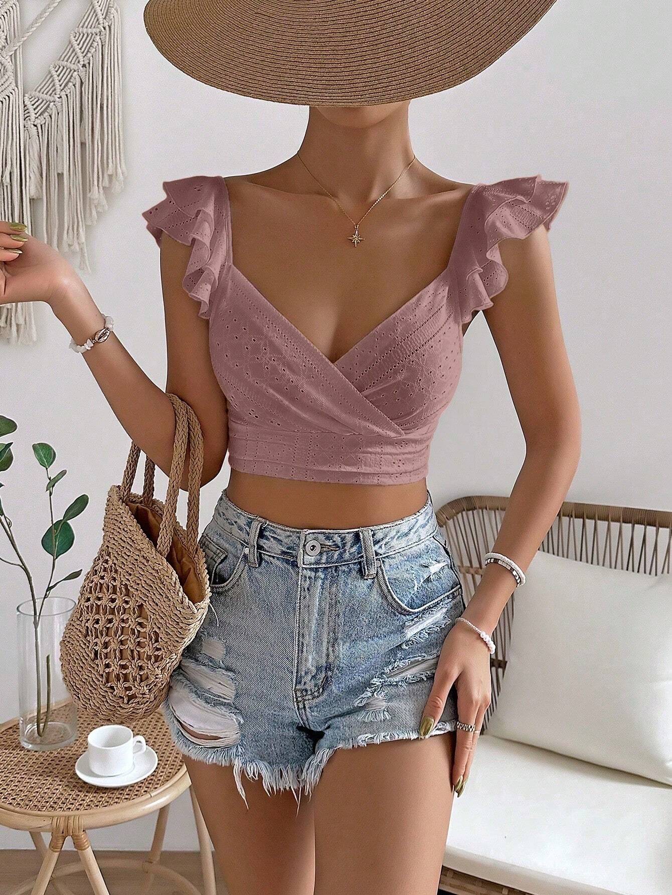 SHEIN VCAY Eyelet Embroidery Ruffle Trim Crop Top - Image 3