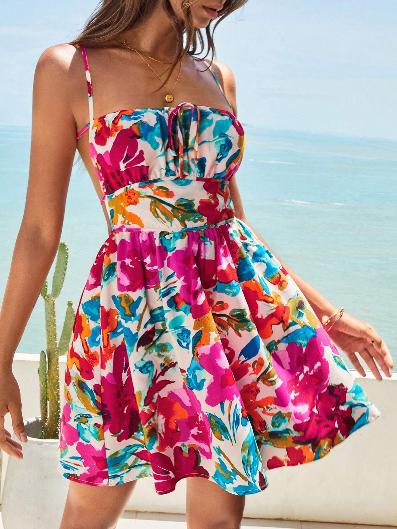 SHEIN VCAY Floral Print Tie Front Cami Dress Her Shop EG