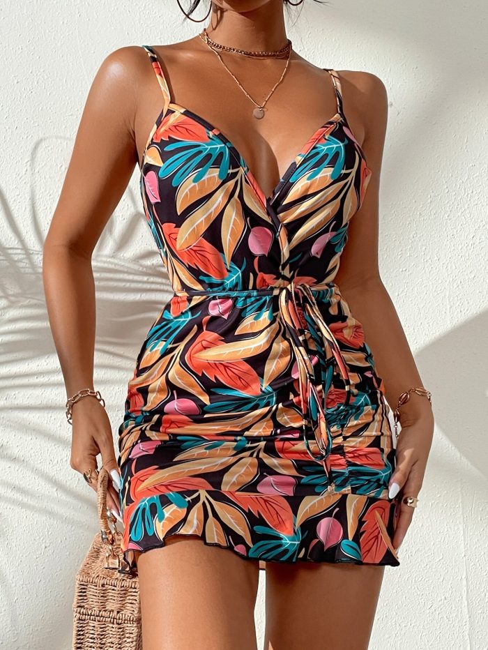 SHEIN VCAY Tropical Print Belted Ruched Ruffle Hem Cami Dress