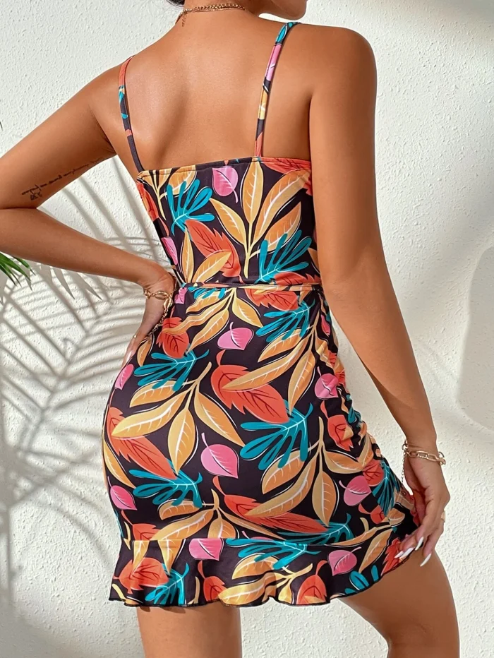 SHEIN VCAY Tropical Print Belted Ruched Ruffle Hem Cami Dress - Image 2