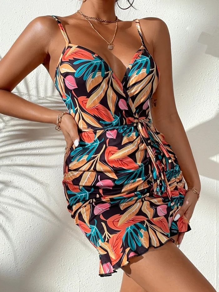 SHEIN VCAY Tropical Print Belted Ruched Ruffle Hem Cami Dress - Image 4
