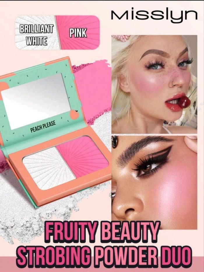 MissIyn Fruity Beauty Strobing Highlighter & Highlighter Set, Shimmery Metallic Finish Brilliant White+Pink