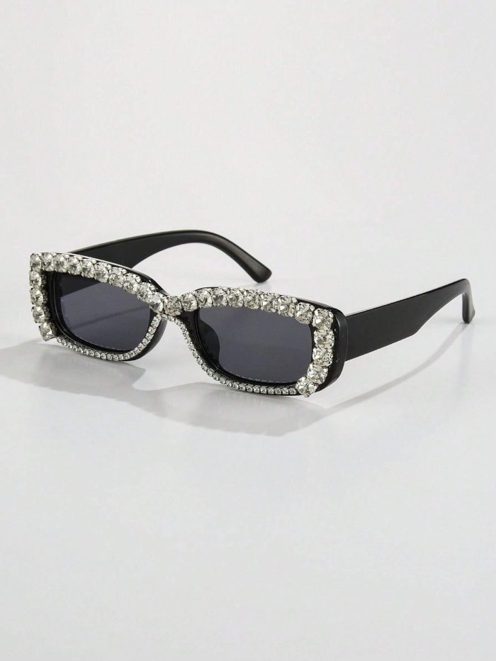 1pc Ladies' Small Frame Rectangle Sunglasses With Handmade Rhinestone Detailing For Daily Wear - Image 2