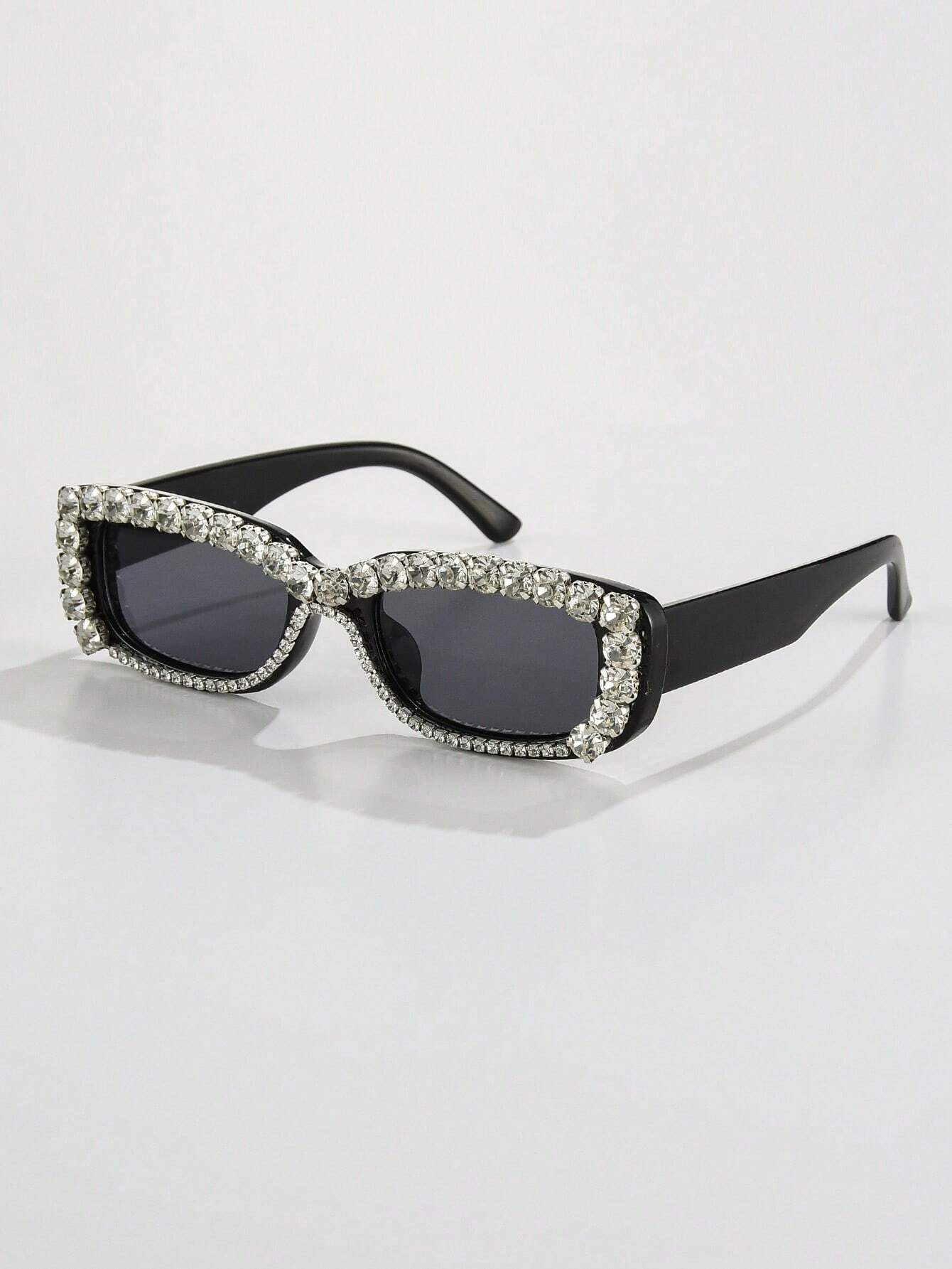 1pc Ladies' Small Frame Rectangle Sunglasses With Handmade Rhinestone Detailing For Daily Wear - Image 2