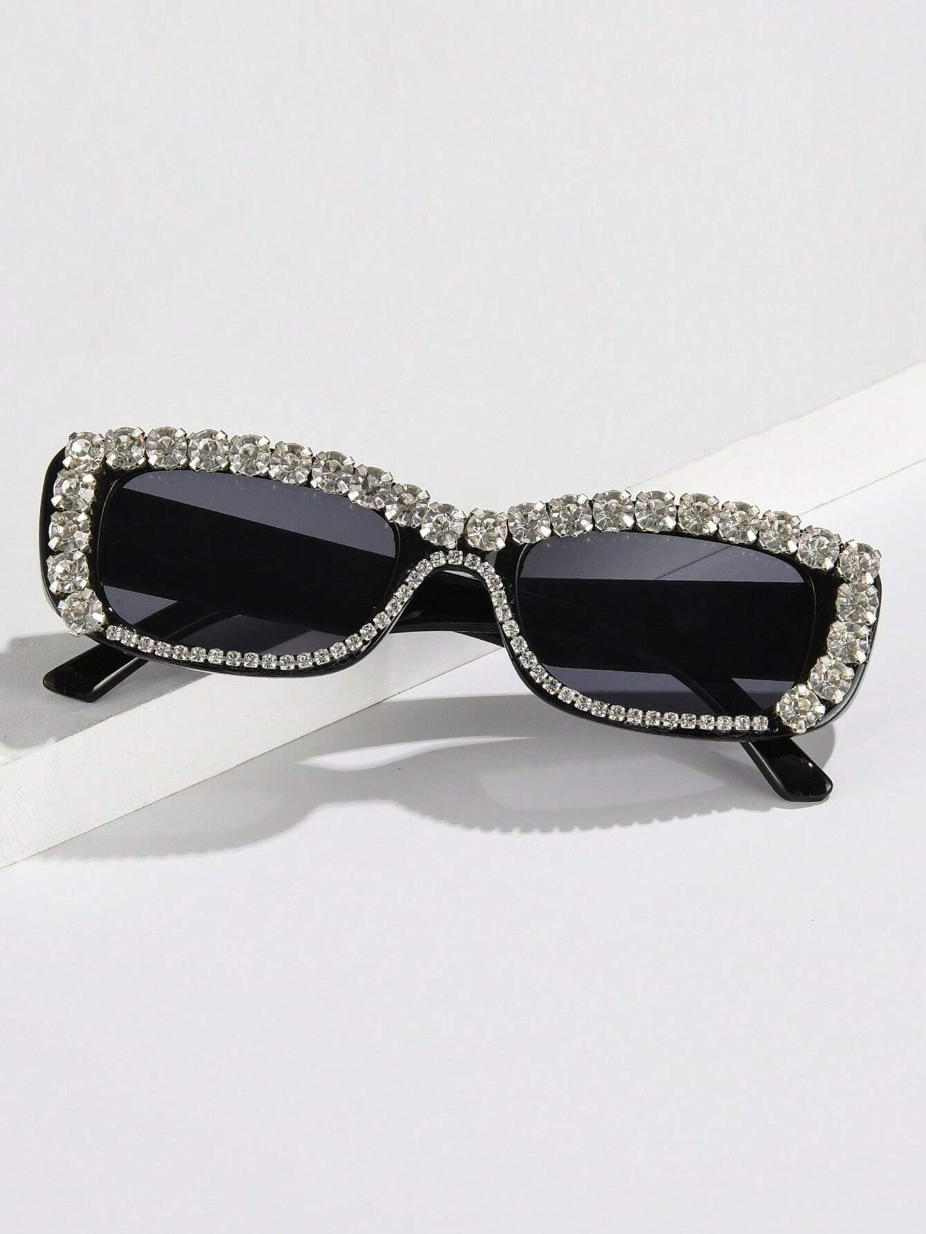 1pc Ladies' Small Frame Rectangle Sunglasses With Handmade Rhinestone Detailing For Daily Wear - Image 3