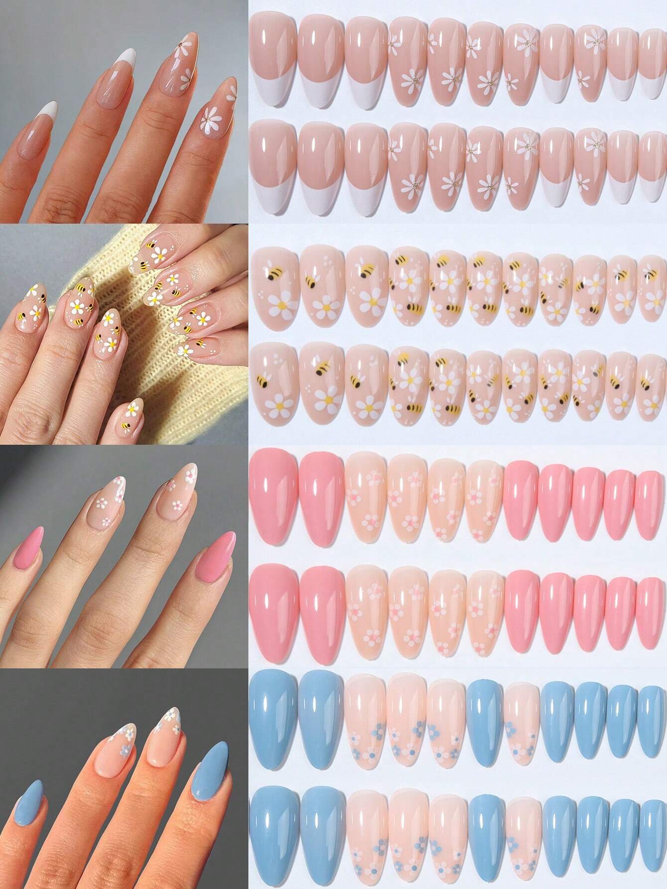 4Set(96Pcs)Press On Nails Long Almond White French Acrylic Nail Tips Flower Pattern Design Fake Nails, Contain 4pcs Jelly Glue And 4pcs Nail File