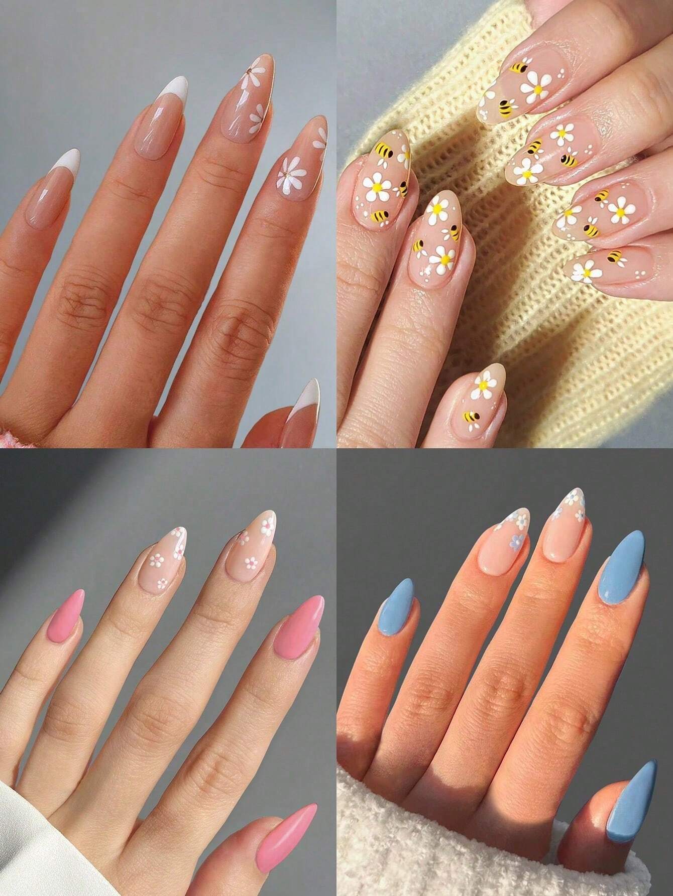 4Set(96Pcs)Press On Nails Long Almond White French Acrylic Nail Tips Flower Pattern Design Fake Nails, Contain 4pcs Jelly Glue And 4pcs Nail File - Image 2