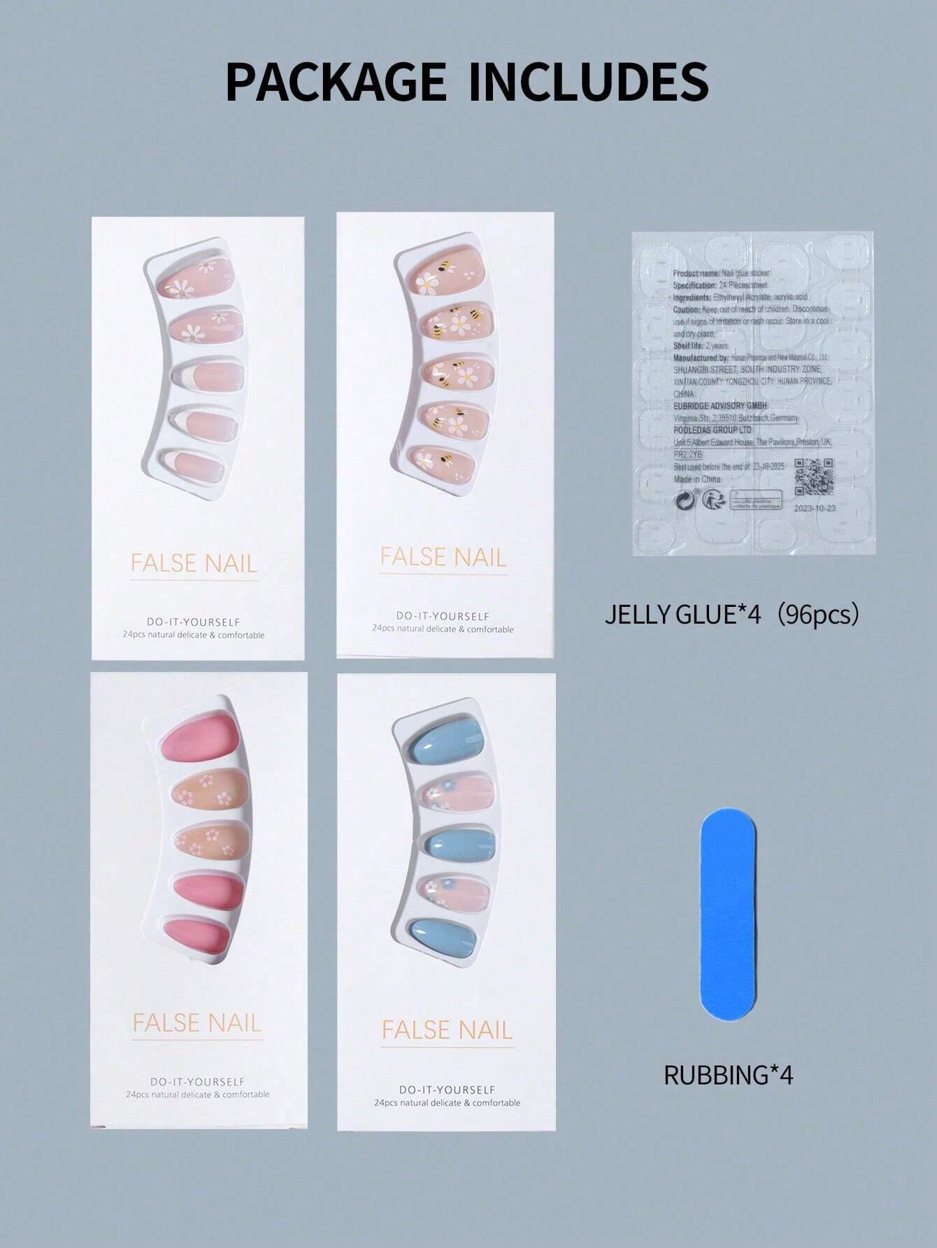 4Set(96Pcs)Press On Nails Long Almond White French Acrylic Nail Tips Flower Pattern Design Fake Nails, Contain 4pcs Jelly Glue And 4pcs Nail File - Image 3