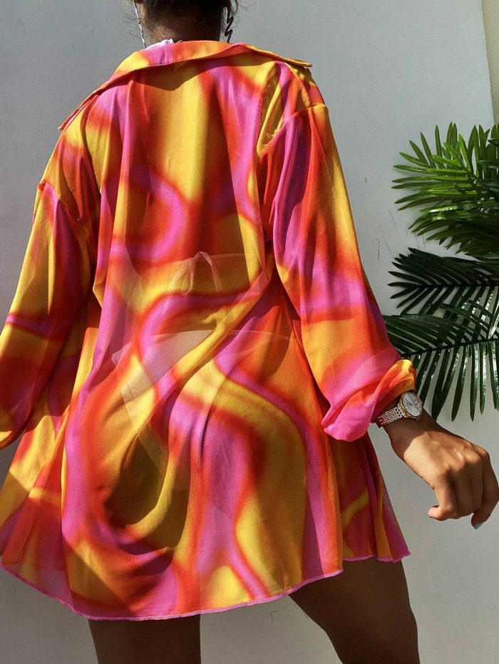 New Summer Beach Cover Up Sheer Mesh Printed Sunscreen Shirt Long Sleeve Beach - Image 2