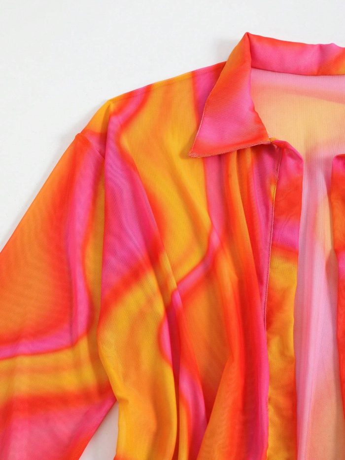 New Summer Beach Cover Up Sheer Mesh Printed Sunscreen Shirt Long Sleeve Beach - Image 4