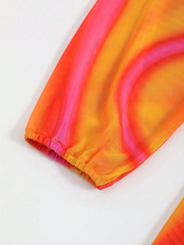 New Summer Beach Cover Up Sheer Mesh Printed Sunscreen Shirt Long Sleeve Beach - Image 5