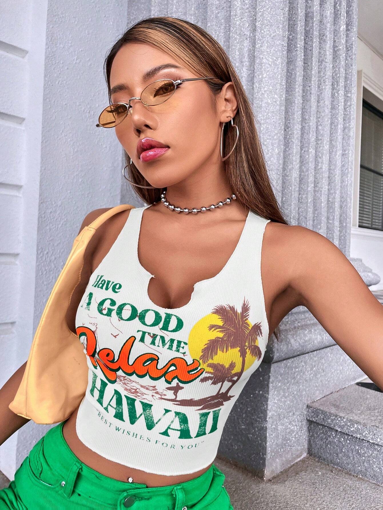 SHEIN EZwear Palm Tree & Slogan Graphic Notched Neck Tank Top