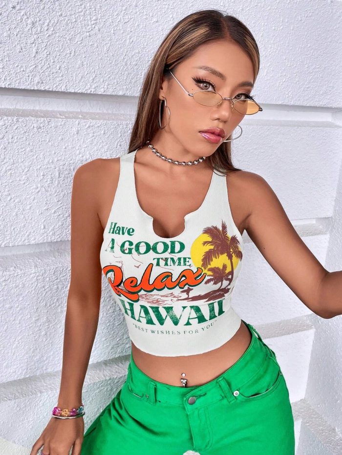 SHEIN EZwear Palm Tree & Slogan Graphic Notched Neck Tank Top - Image 3