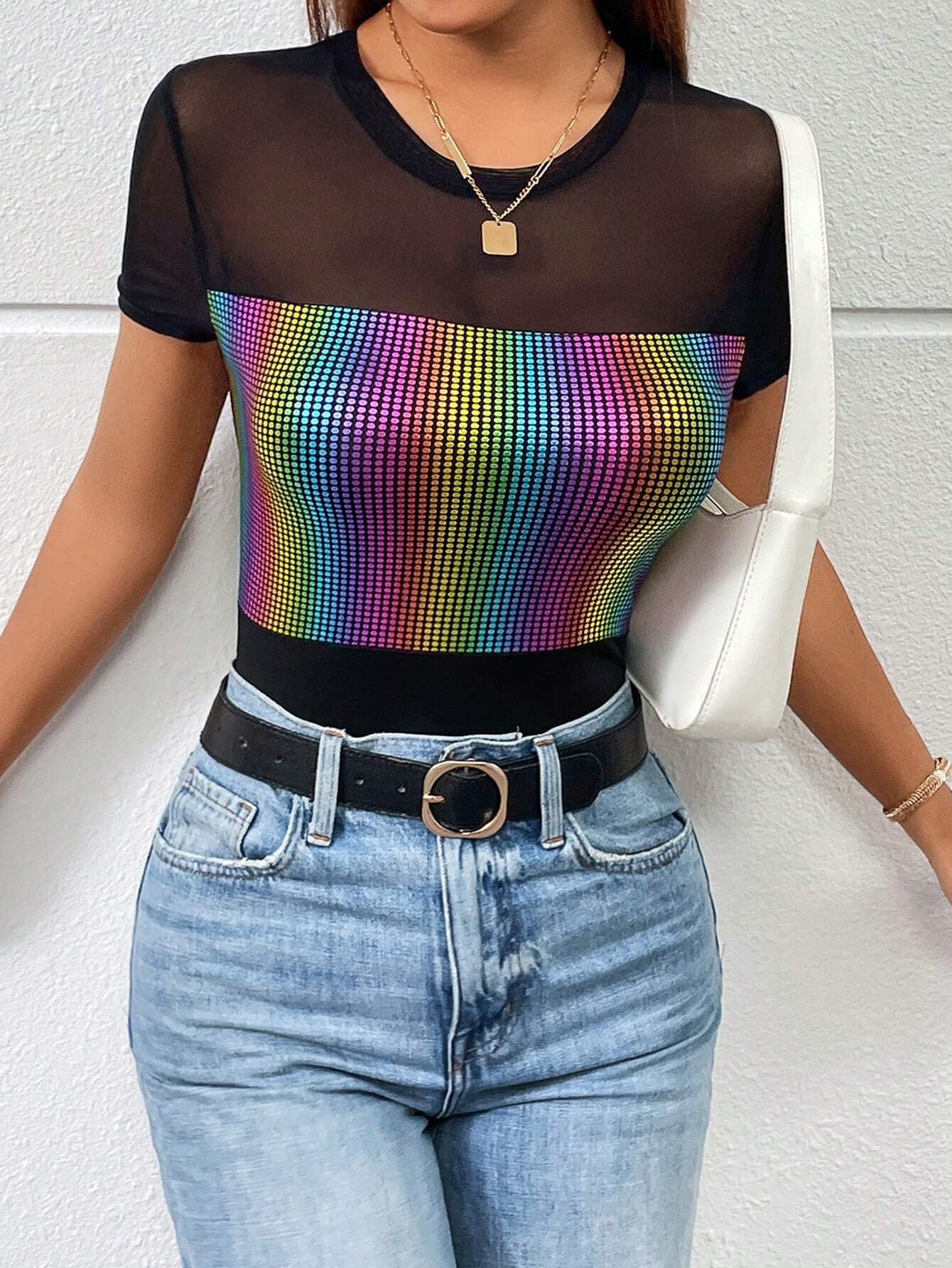 SHEIN Essnce Spring/Summer Colorful Sparkly Splicing Sheer Mesh Slim Short Sleeve T-Shirt