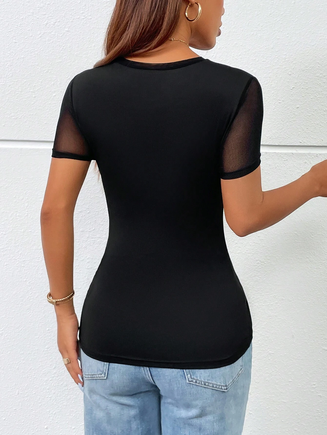 SHEIN Essnce Spring/Summer Colorful Sparkly Splicing Sheer Mesh Slim Short Sleeve T-Shirt - Image 2