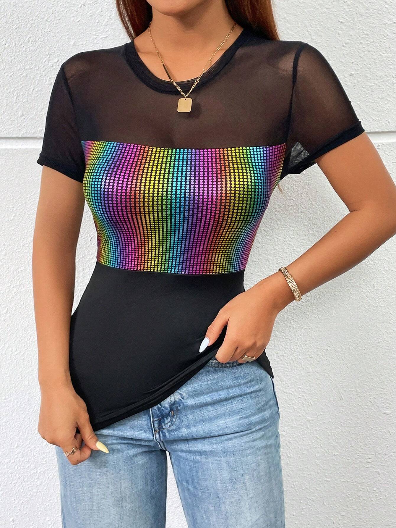 SHEIN Essnce Spring/Summer Colorful Sparkly Splicing Sheer Mesh Slim Short Sleeve T-Shirt - Image 3