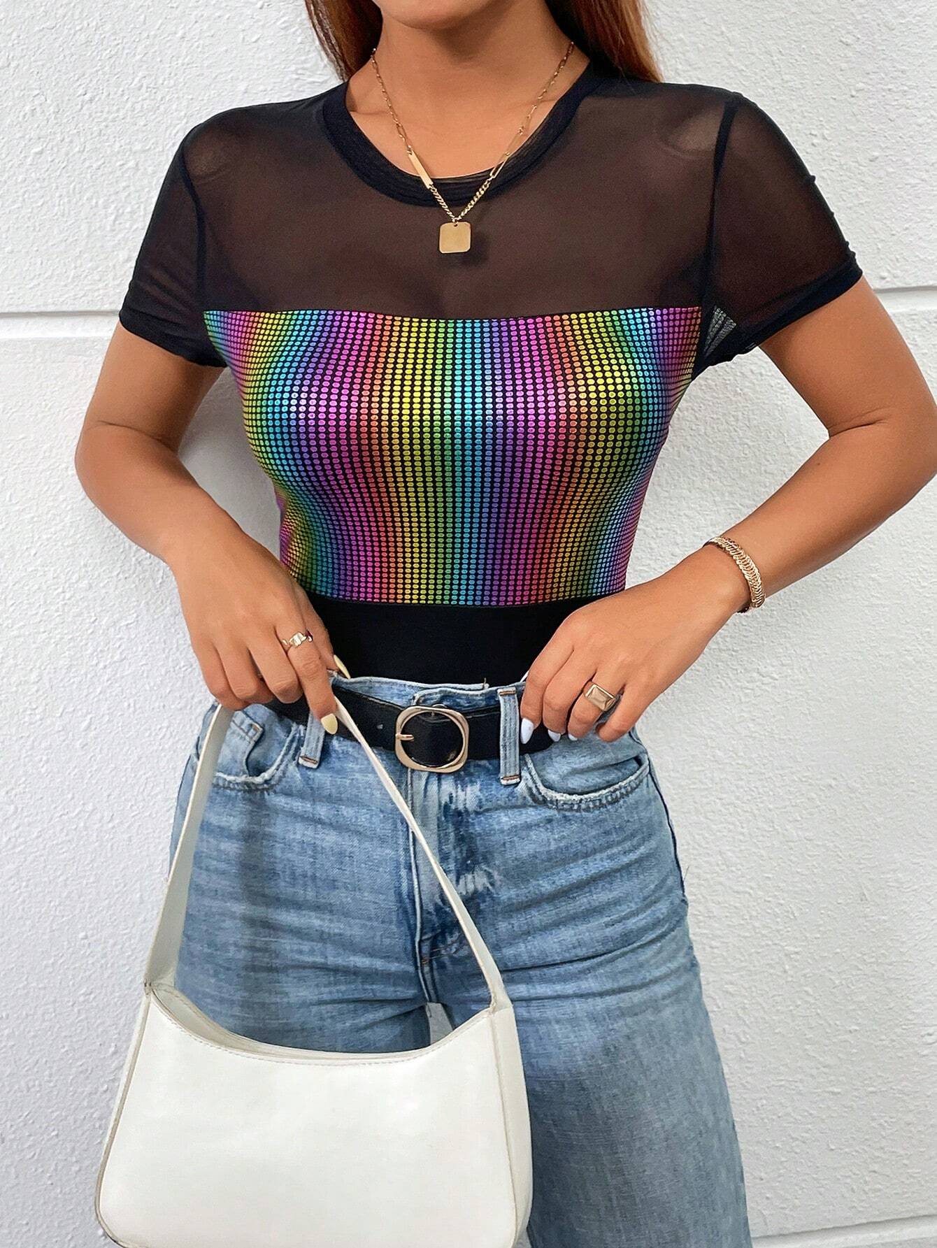 SHEIN Essnce Spring/Summer Colorful Sparkly Splicing Sheer Mesh Slim Short Sleeve T-Shirt - Image 4