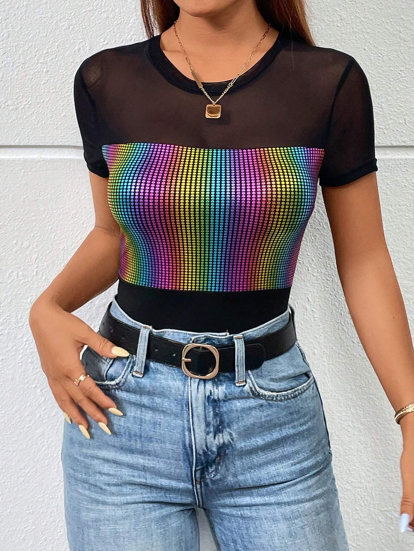 SHEIN Essnce Spring/Summer Colorful Sparkly Splicing Sheer Mesh Slim Short Sleeve T-Shirt - Image 5
