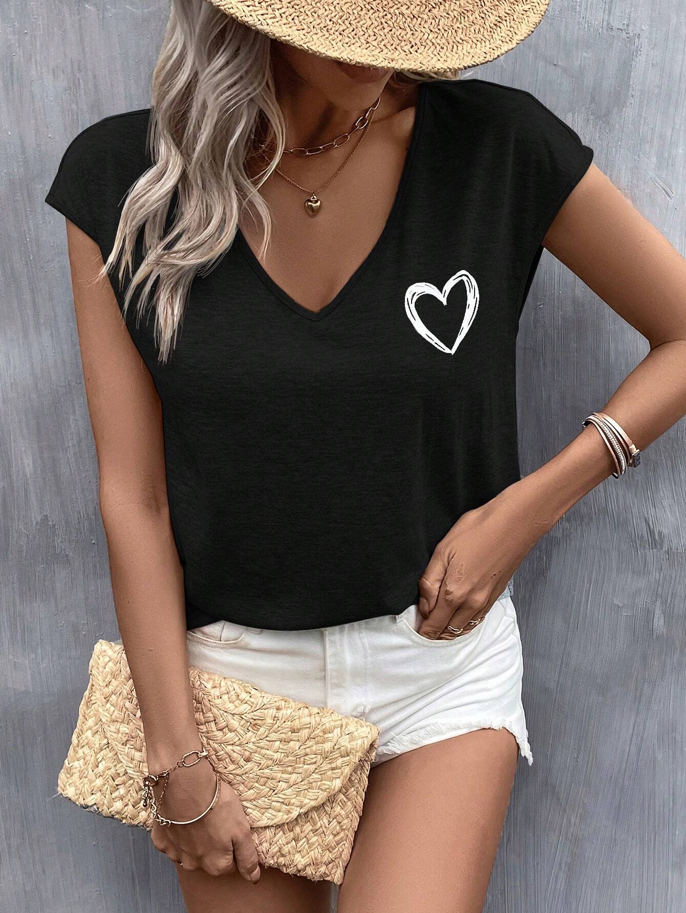 SHEIN LUNE Summer Outfits Heart Print Batwing Sleeve Tee - Image 2